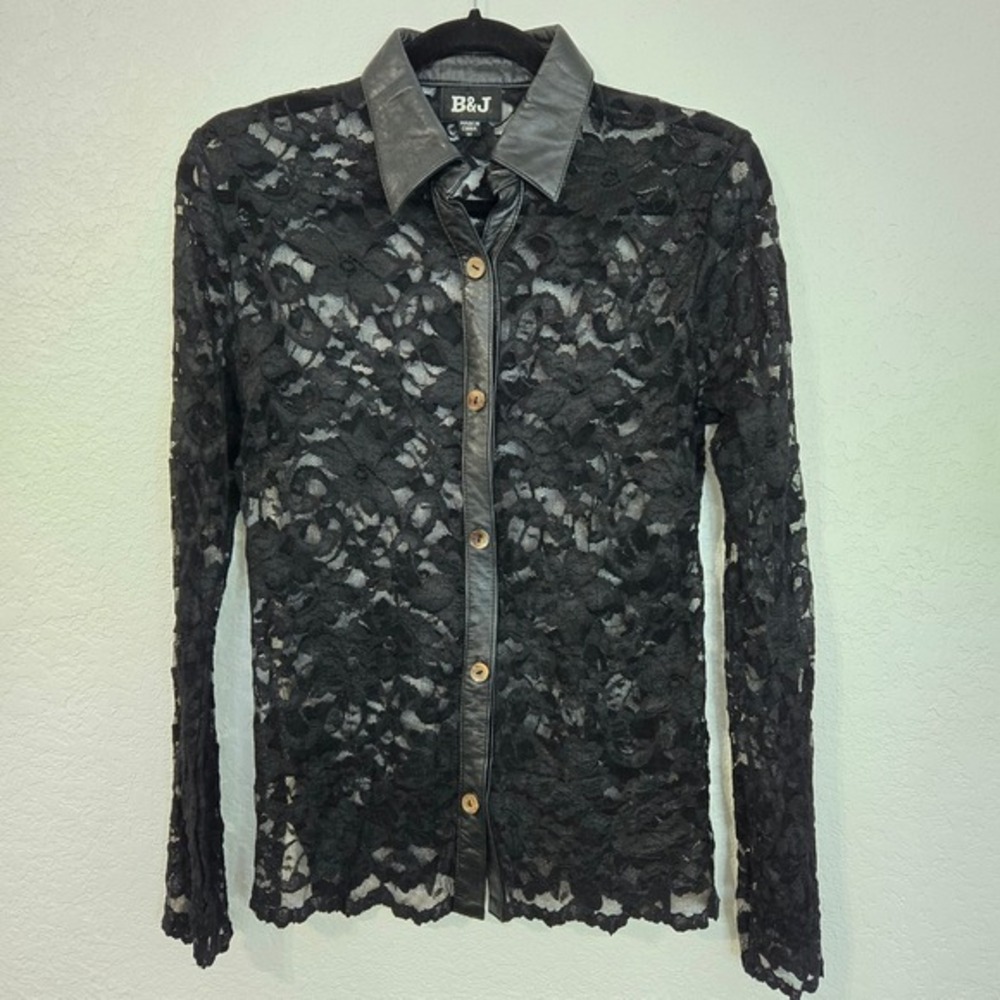 B&J M Y2K Black Lace Leather Collar‎ Button Up Long Sleeve Vintage Blouse